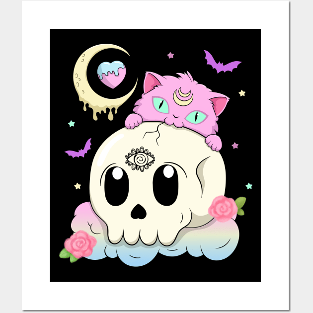 Creepy Cute Cat with Skull Pastel Goth Wall Art by Sugoi Otaku Gifts